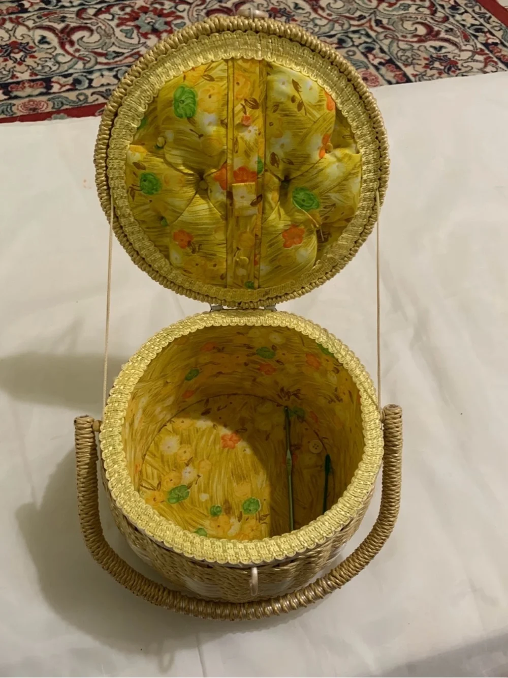 Vintage Round Woven Wicker Sewing Basket Box Japan Floral Quilted Cushion Lid